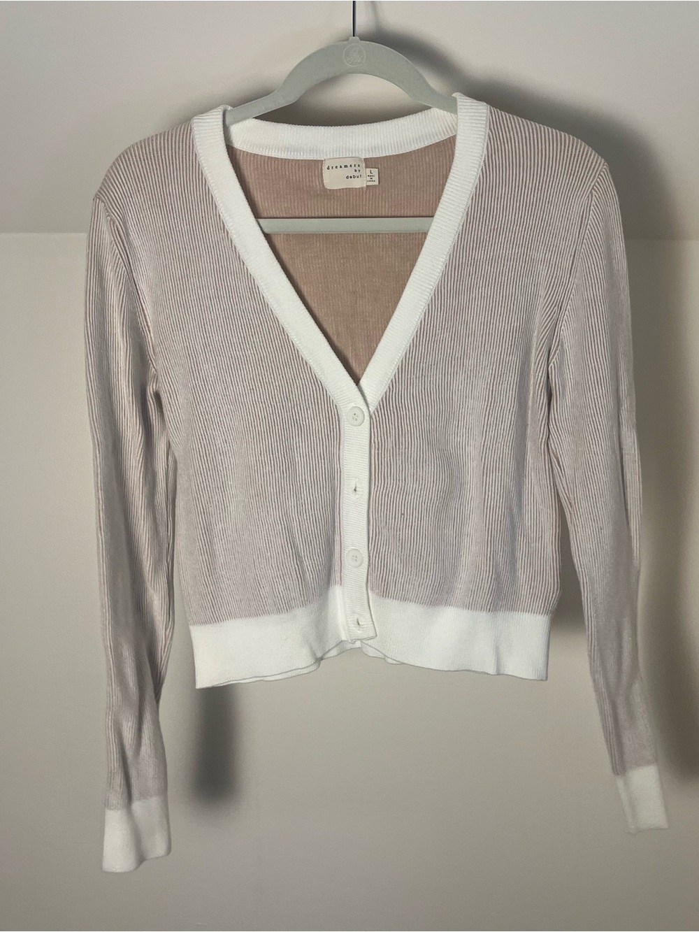 Dreamers by debut  Blush Ribbed V-Neck Cardigan with White Contrast Trim